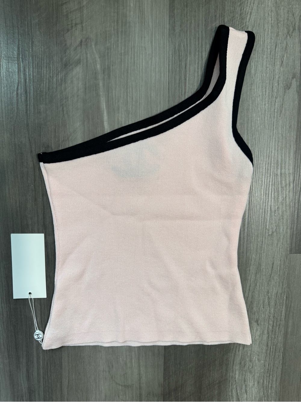 C C One-Shoulder Pink Knit Tank with Black Trim and CC Logo - Picture 2 of 4